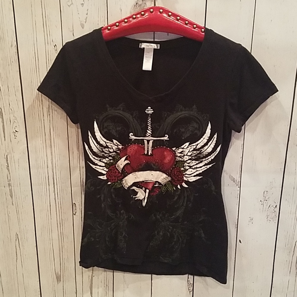 Love Love To Black "Winged Heart" Rhinestone Tee!